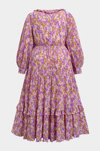 Curveins Plus Size V-Neck Floral Waist-Cinching Maxi Dress with Lantern Sleeves