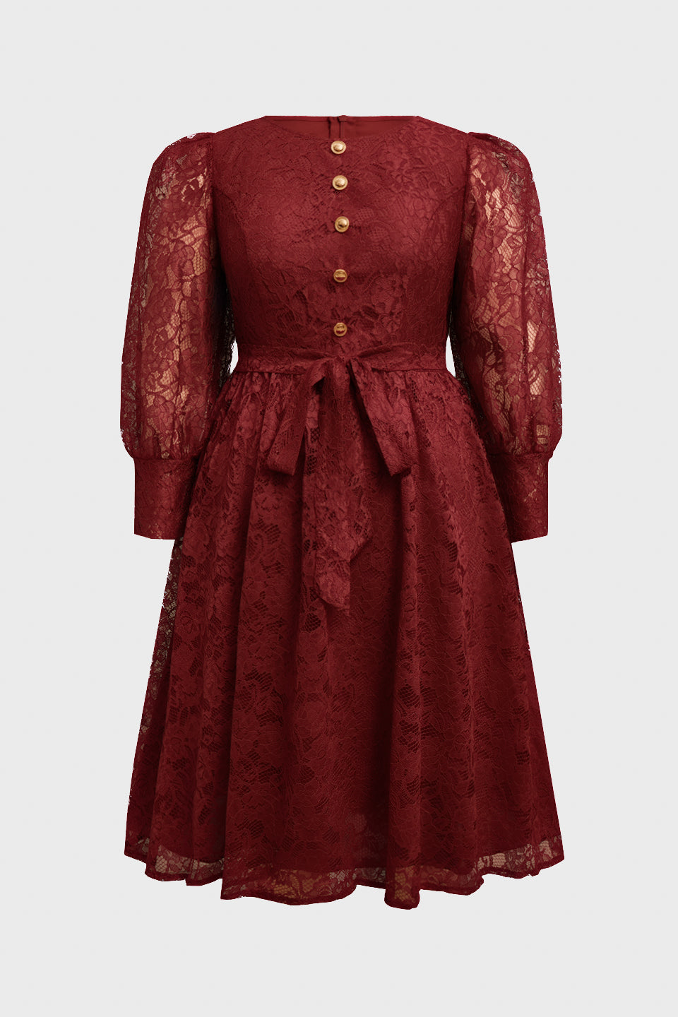 Curveins Plus Size Round Neck Lace Detail Puff Sleeve A-Line Midi Dress