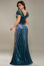 Curveins Plus Size Elegant V-Neck Cap Sleeve Sequin Bodycon Maxi Dress