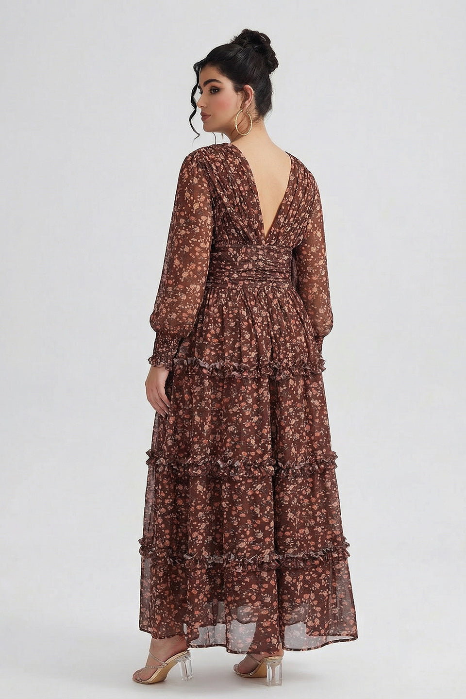 Curveins Plus Size V Neck Long Sleeve Floral Tiered Maxi Dress
