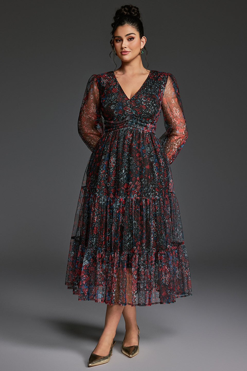 Curveins Plus Size V-Neck Floral Asymmetrical Hem Midi Dress