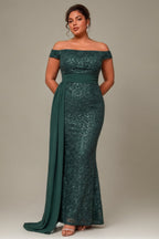 Curveins Plus Size Off Shoulder Sequin Waist Tie Elegant Evening Maxi Dress