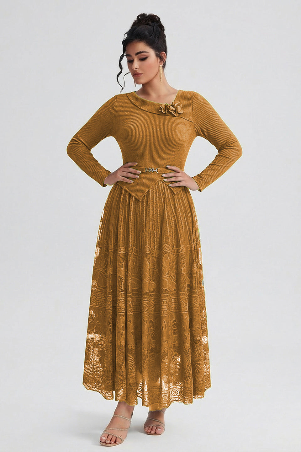 Curveins Plus Size Flowing Solid and Printed Panel Pleated Maxi Dress