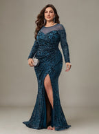 Curveins Plus Size Crew Neck Long Sleeve Floral Sequin Bodycon Slit Maxi Dress