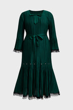 Curveins Plus Size Square Neck Long Sleeve Tie-Up Fringe Maxi Dress