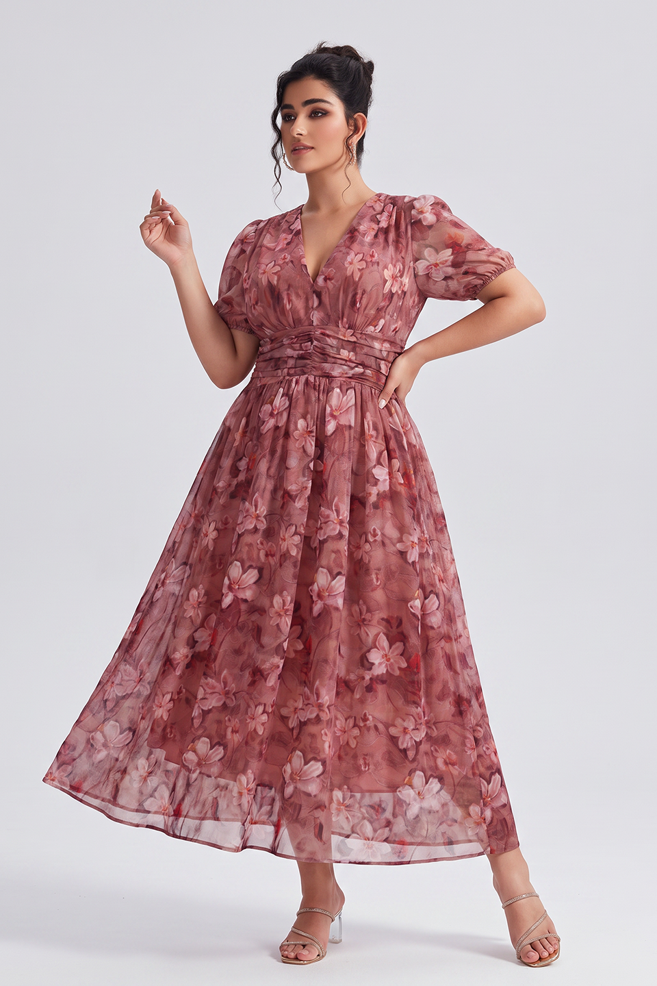 Curveins Plus Size V Neck Short Sleeve Floral Ruched Waist Flowy Elegant Maxi Dress