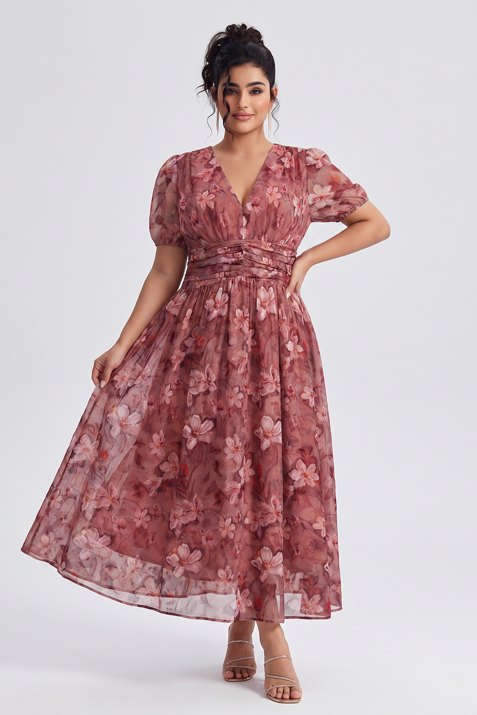 Curveins Plus Size V Neck Short Sleeve Floral Ruched Waist Flowy Elegant Maxi Dress