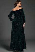 Curveins Plus Size V-Neck Velvet Sequin Strapless Maxi Dress