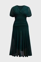 Curveins Plus Size V Neck Batwing Sleeve Cinched Waist Maxi Dress