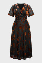 Curveins Plus Size Velvet Surplice Vintage Plain Maxi Dress