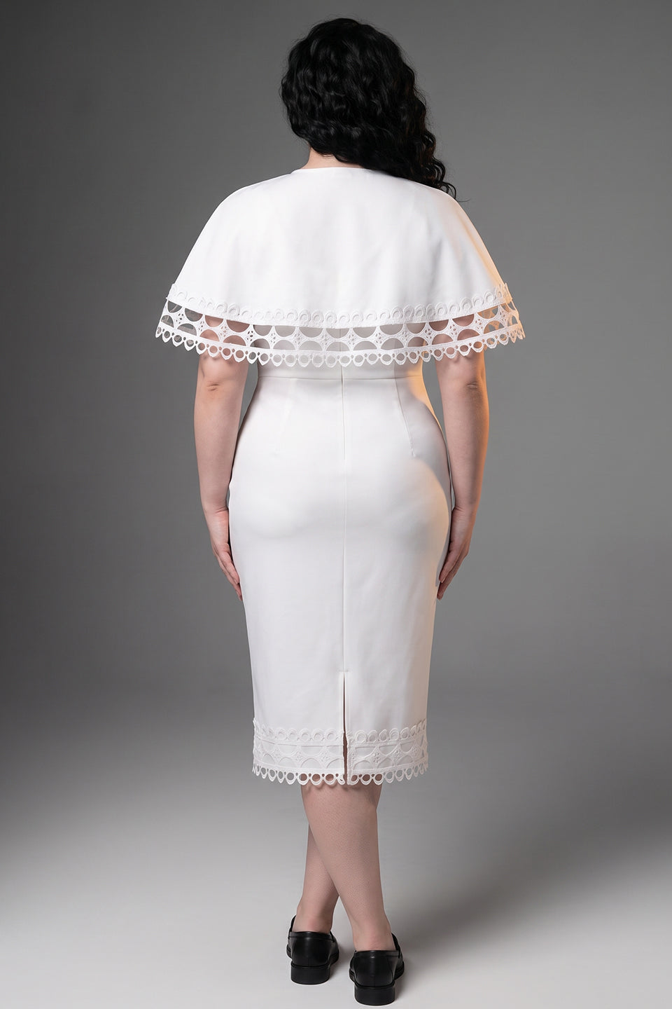 Curveins Plus Size Round Neck Hollow Lace Cape Overlay Bodycon Midi Dress