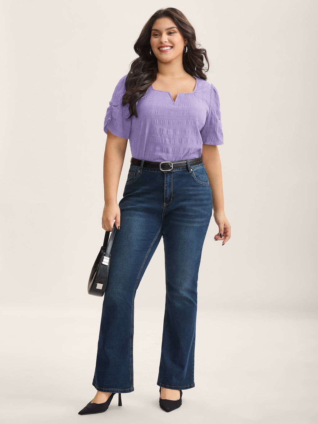 Textured Gathered Sleeve Split Neck Blouse