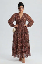 Curveins Plus Size V Neck Long Sleeve Floral Tiered Maxi Dress