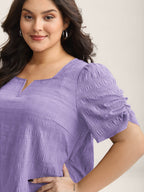 Textured Gathered Sleeve Split Neck Blouse