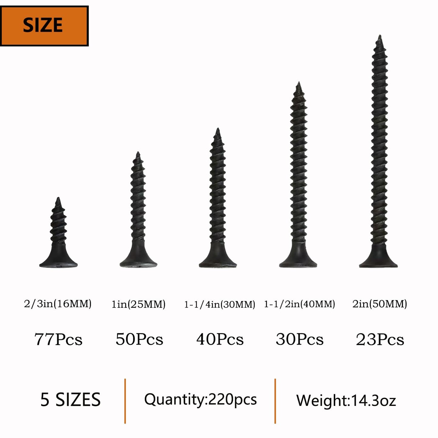 5 Sizes 220pcs Black Wood Screws Assortment Kit,Wood Screws for Drywall,Phillips Drive Self Tapping Dry Wall Screws