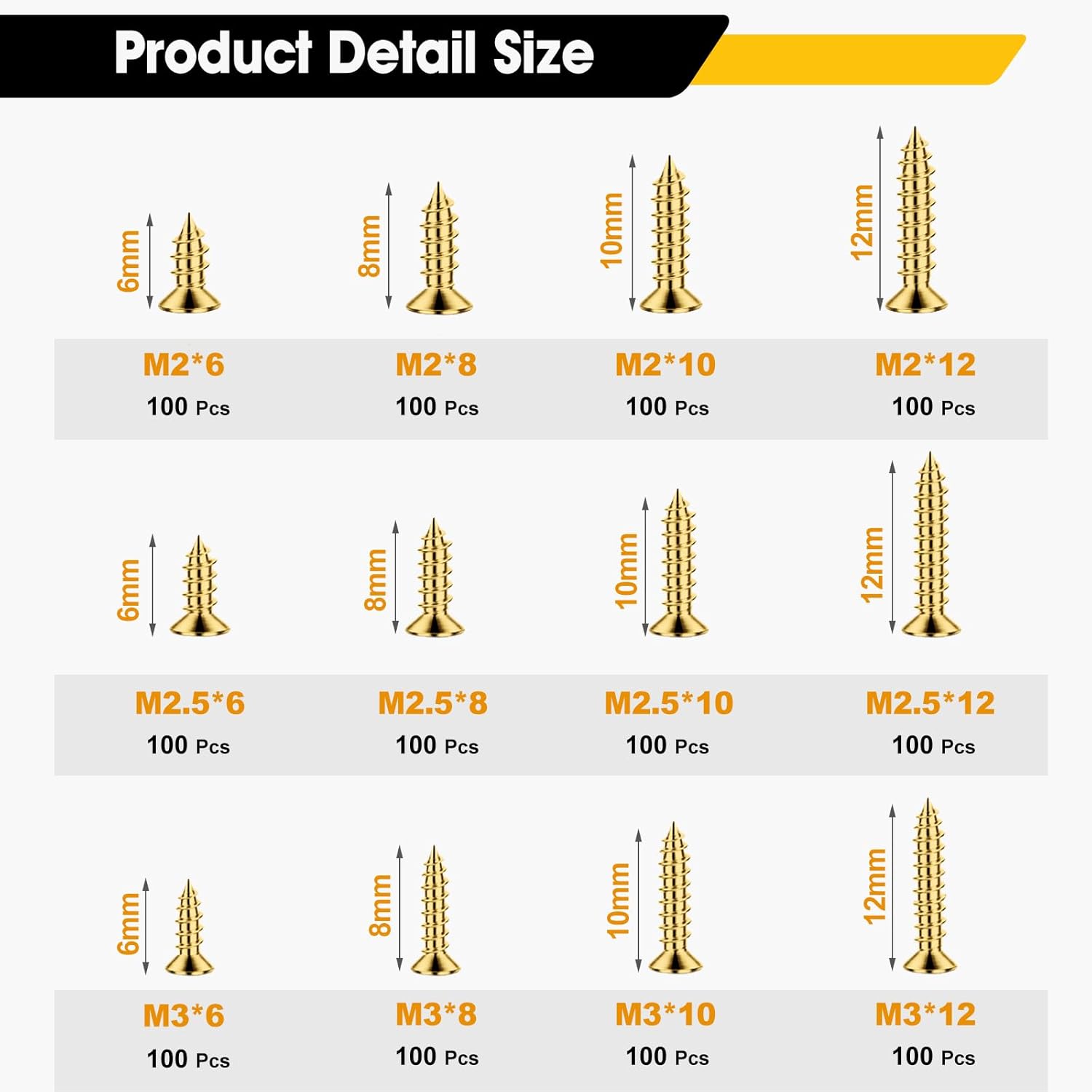 1200 Pcs Small Self Tapping Screws for Plastic and Metal, M2,M2.5,M3 Phillips Flat Head Small Screws,Golden Carbon Steel Tiny Screws Assortment Kit for Woodworking,DIY