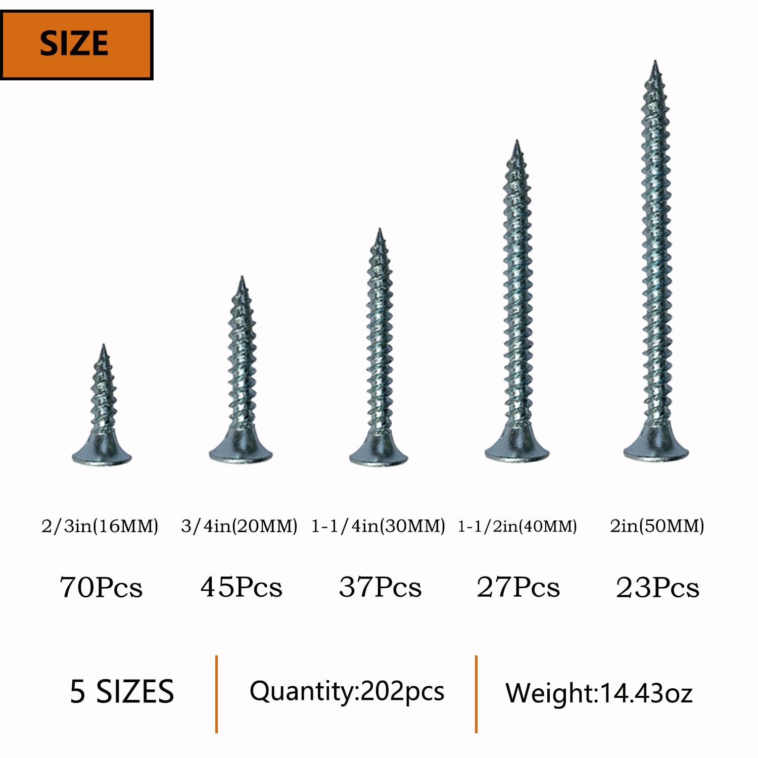 5 Sizes 202pcs Galvanized Wood Screws Assortment Kit,Wood Screws for Drywall,Phillips Drive Self Tapping Dry Wall Screws