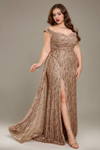 Curveins Plus Size V Neck Side Slit Spaghetti Strap Sequin Fitted Maxi Dress