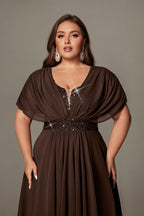 Curveins Plus Size V-Neck Short Sleeve Asymmetrical A-Line Maxi Dress