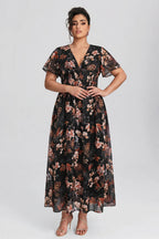 Curveins Plus Size V Neck Batwing Sleeve Floral Print Flowing Maxi Dress