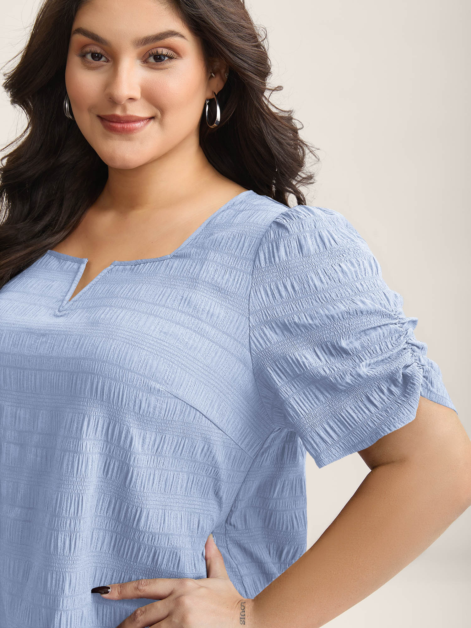 Textured Gathered Sleeve Split Neck Blouse