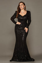 Curveins Elegant Plus Size V-Neck Floral Long Sleeve Sequin Bodycon Dress