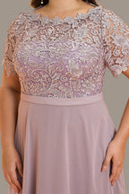 Curveins Plus Size Round Neck Short Sleeve Embroidered Waist Cinched Elegant Maxi Dress