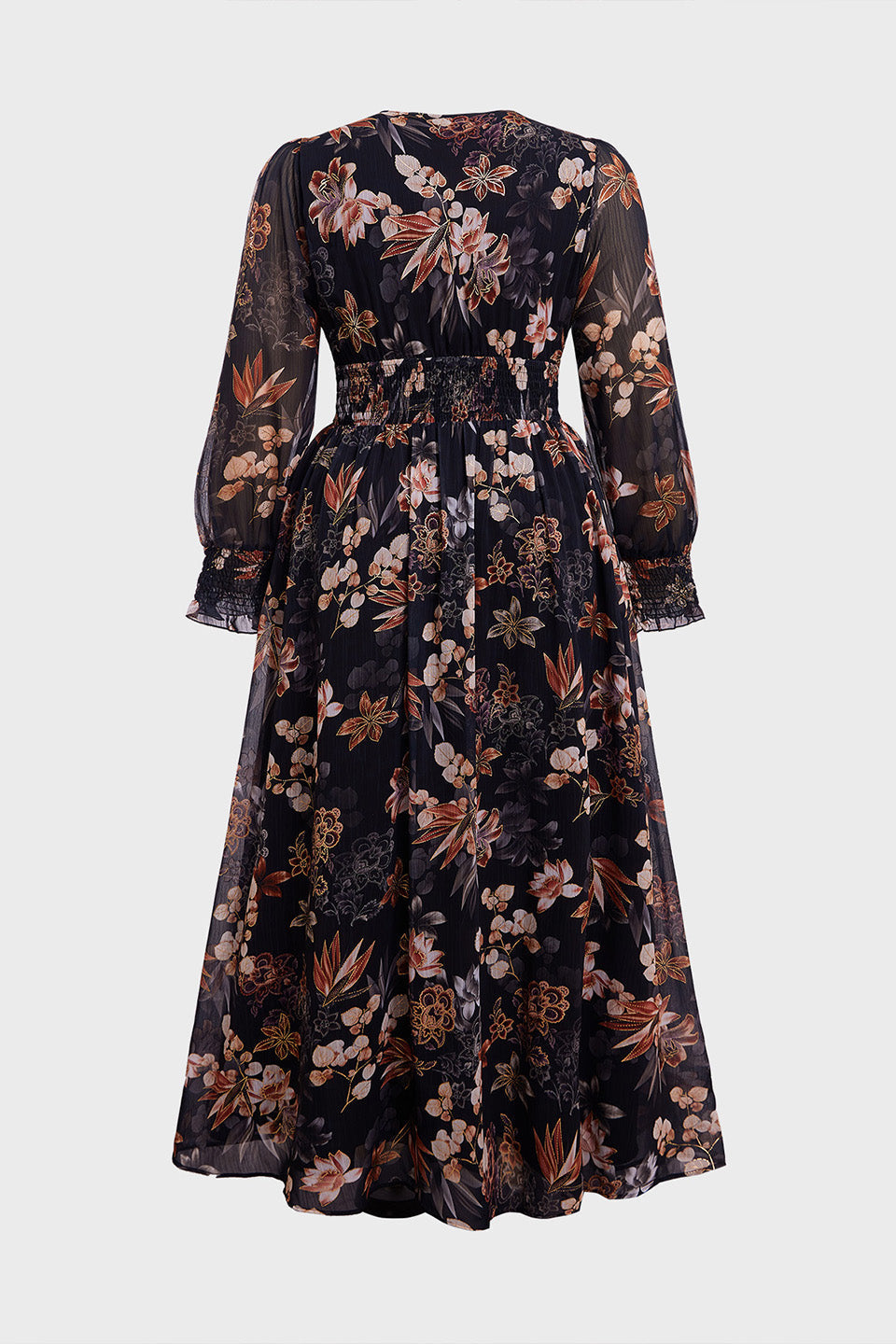 Curveins Plus Size V Neck Long Sleeve Floral Waist Maxi Dress