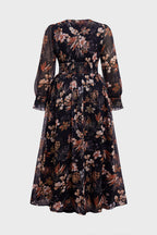 Curveins Plus Size V Neck Long Sleeve Floral Waist Maxi Dress