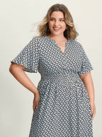 Geometric Print Waist-Cinched Tiered Midi Dress
