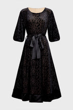 Curveins Plus Size Round Neck Floral Embroidery Belted Velvet Midi Dress