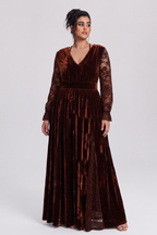 Curveins Plus Size Elegant V Neck Long Sleeve Ruched Waist Flowy Velet Maxi Dress