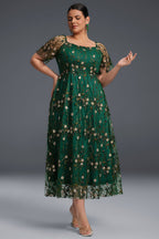 Curveins Plus Size Draped Collar Embroidered Ruffle Hem Maxi Dress