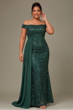 Curveins Plus Size Off Shoulder Sequin Waist Tie Elegant Evening Maxi Dress