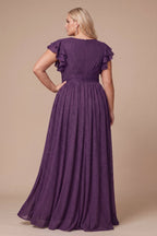 Curveins Plus Size V-Neck Ruffle Sleeve Split A-Line Maxi Dress