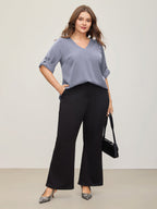V Neck Plain Pleated Tab Sleeve Blouse