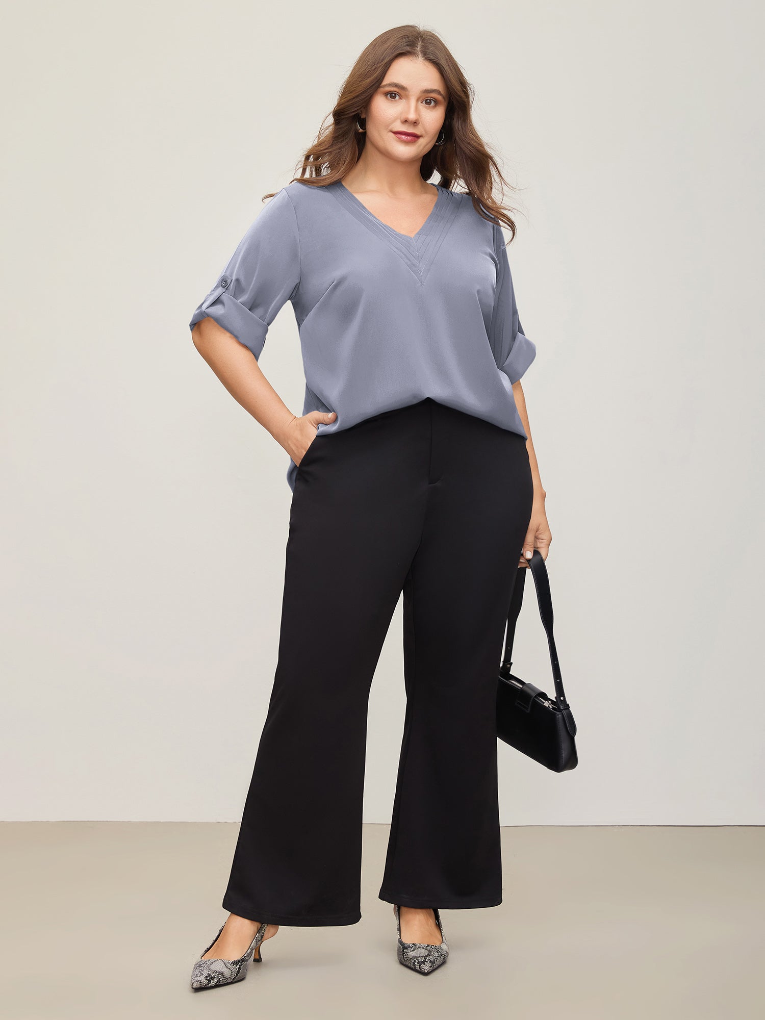 V Neck Plain Pleated Tab Sleeve Blouse