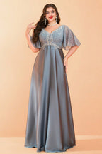 Curveins Plus Size V-Neck Batwing Sleeve Patchwork Maxi Dress
