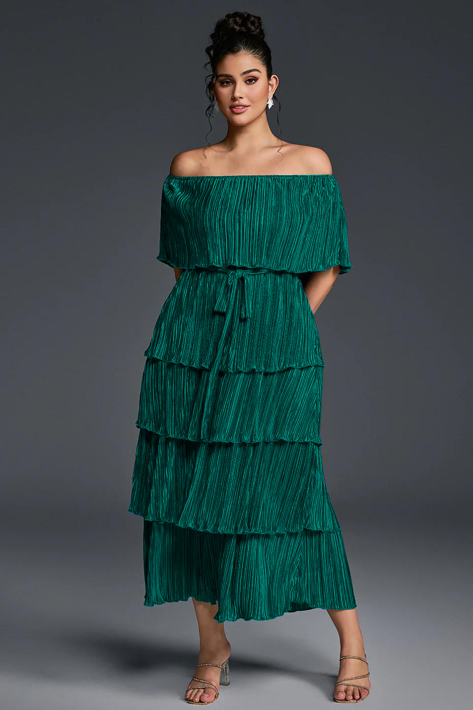 Curveins Plus Size Off-Shoulder Pleated Tiered Maxi Dress