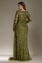 Curveins Plus Size Round Neck Embroidered Tie-Sash Bodycon Maxi Dress