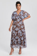 Curveins Plus Size V Neck Puff Sleeve Waist Defining Floral Print Elegant Maxi Dress