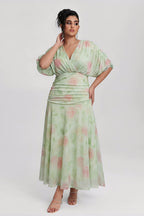 Curveins Plus Size V Neck Puff Sleeve Waist Defining Floral Print Elegant Maxi Dress
