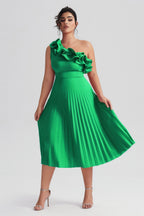 Curveins Plus Size Slimming Asymmetric One-Shoulder Ruffle Trim Pleated Dress