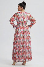 Curveins Plus Size V Neck Long Sleeve Floral Waist Maxi Dress