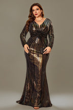 Curveins Plus Size V-Neck Long Lantern Sleeve Sequin Bodycon Maxi Dress