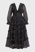 Curveins Plus Size V Neck Long Sleeve Floral Tiered Maxi Dress