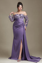 Curveins Plus Size Strapless Off-Shoulder Floral Patchwork Slit Maxi Dress