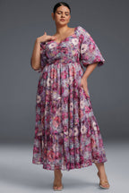 Curveins Plus Size V-Neck Flower Print Pleated Maxi Dress