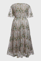 Curveins Plus Size V-Neck Ruffle Sleeve Embroidered Maxi Dress