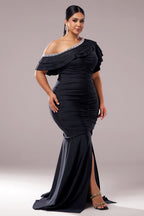 Curveins Plus Size Asymmetric Shoulder Slim-Fit Front Slit Long Dress